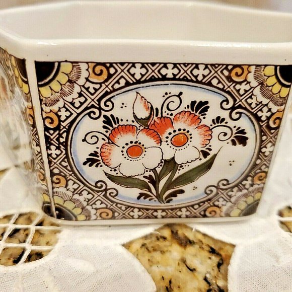 Polychroom Hand Painted Holland Hexagon Floral Glazed Dish Bowl Contaner - Picture 3 of 7